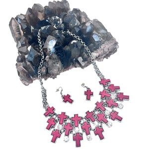Red Cross+Rhinestone Statement Necklace & Coordinating Red Cross Earrings